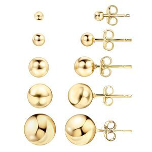 18K Gold Plated Ball Stud Earrings Set, Sizes 3-10MM, 5 Pack, High Polish